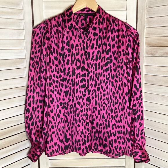 Maje Fuchsia Pink Leopard Silky Gathered Shoulder Peter Pan Collar Blouse XS - Picture 4 of 12